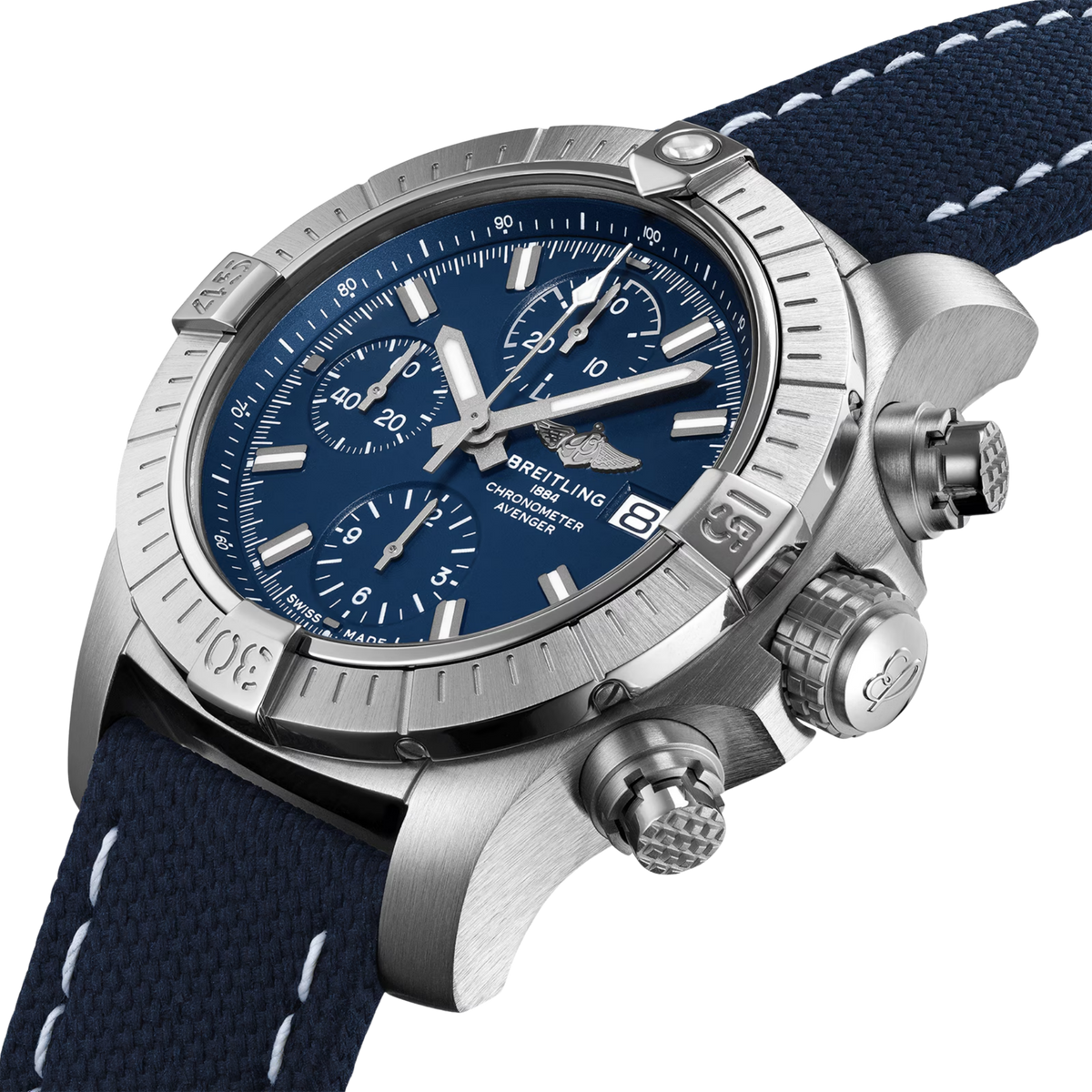 Breitling Avenger chronograph blue dial watch blue fabric strap stainless steel case
