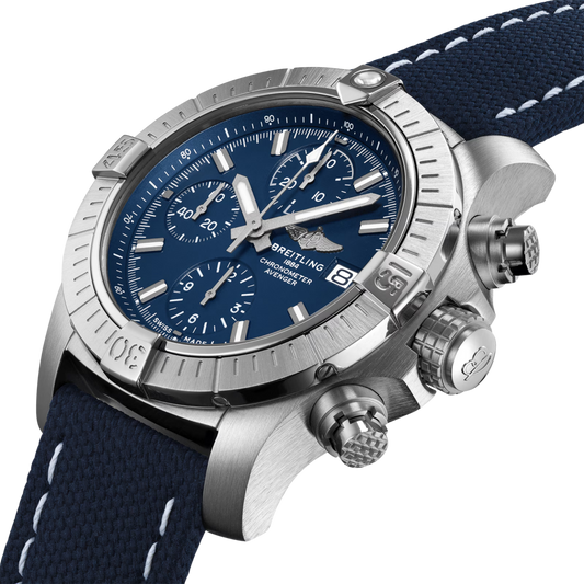 Breitling Avenger chronograph blue dial watch blue fabric strap stainless steel case
