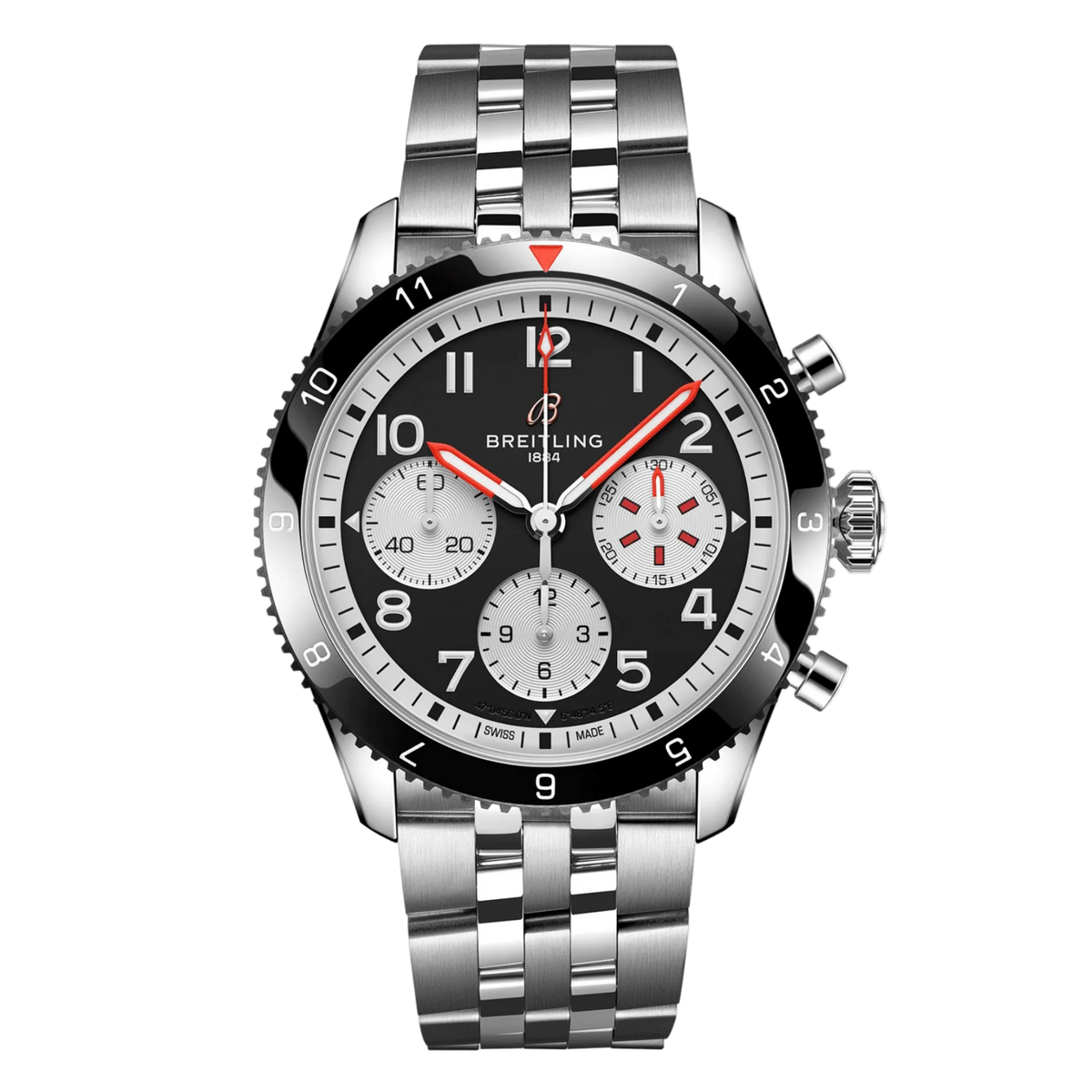 Luxury stainless steel chronograph watch with black dial and red accents