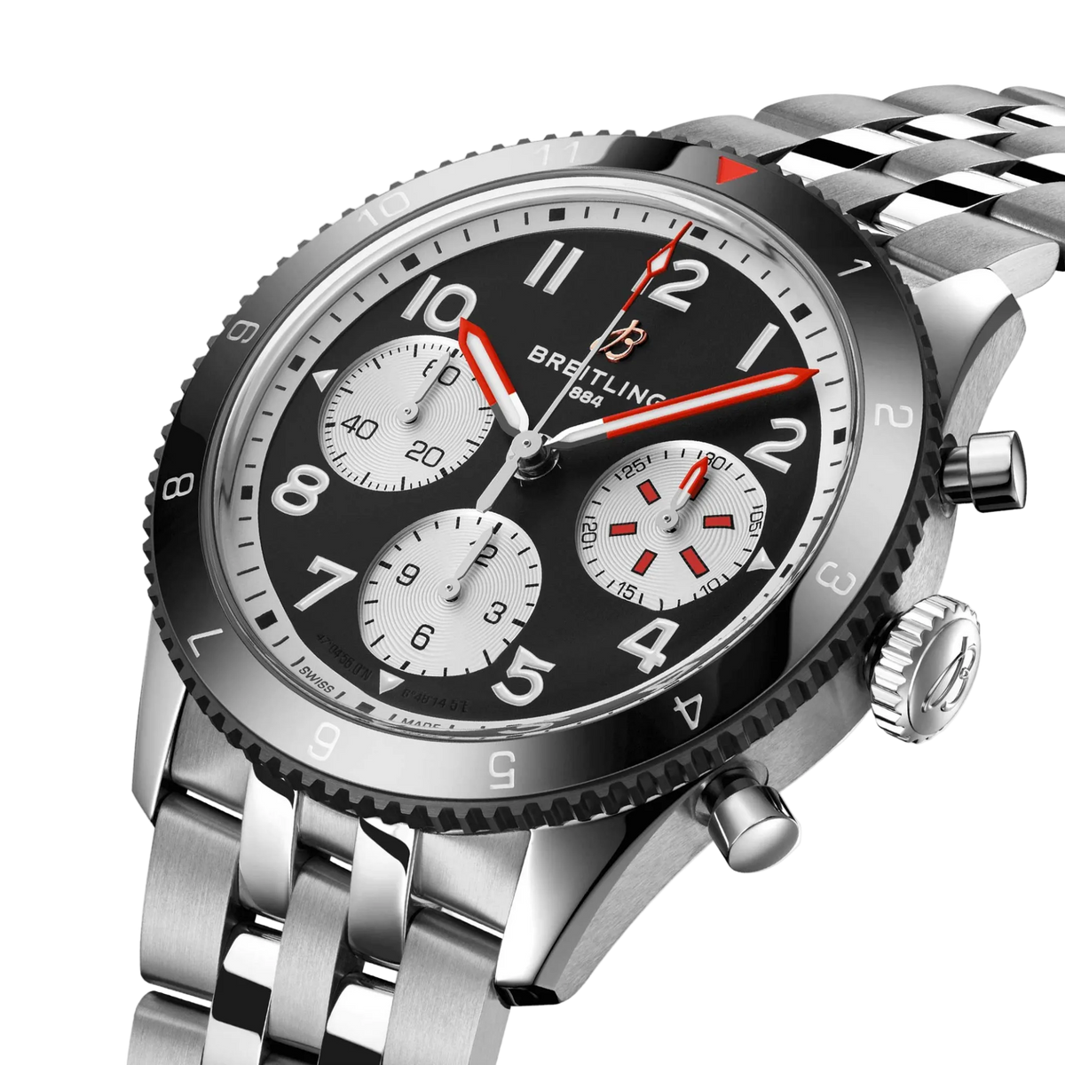 Luxury Breitling chronograph watch with black dial, red accents, and stainless steel bracelet