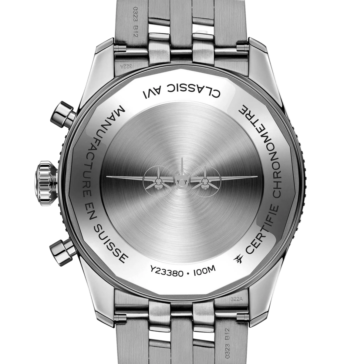 Classic AVI Swiss-made chronometer watch with engraved airplane design and 100M water resistance