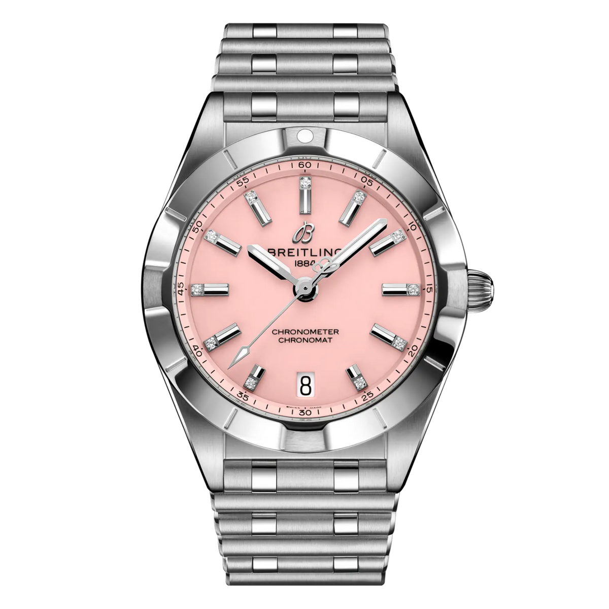 Breitling Chronomat Automatic pink dial watch stainless steel bracelet diamond hour markers

