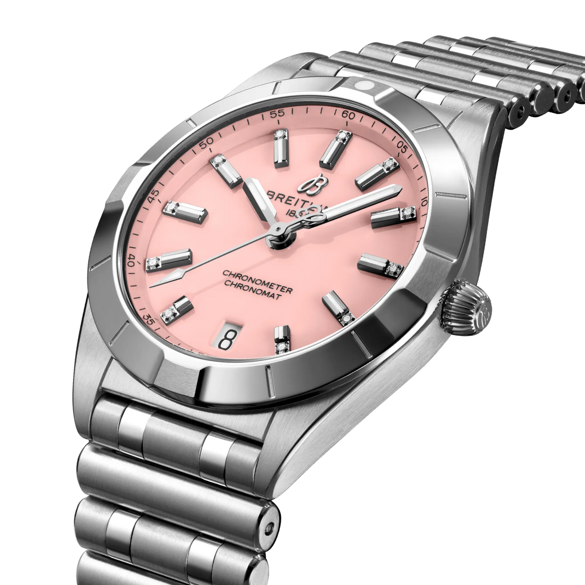 side view of Breitling Chronomat Automatic showing steel case crown and smooth bezel detail