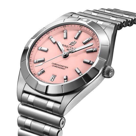 side view of Breitling Chronomat Automatic showing steel case crown and smooth bezel detail