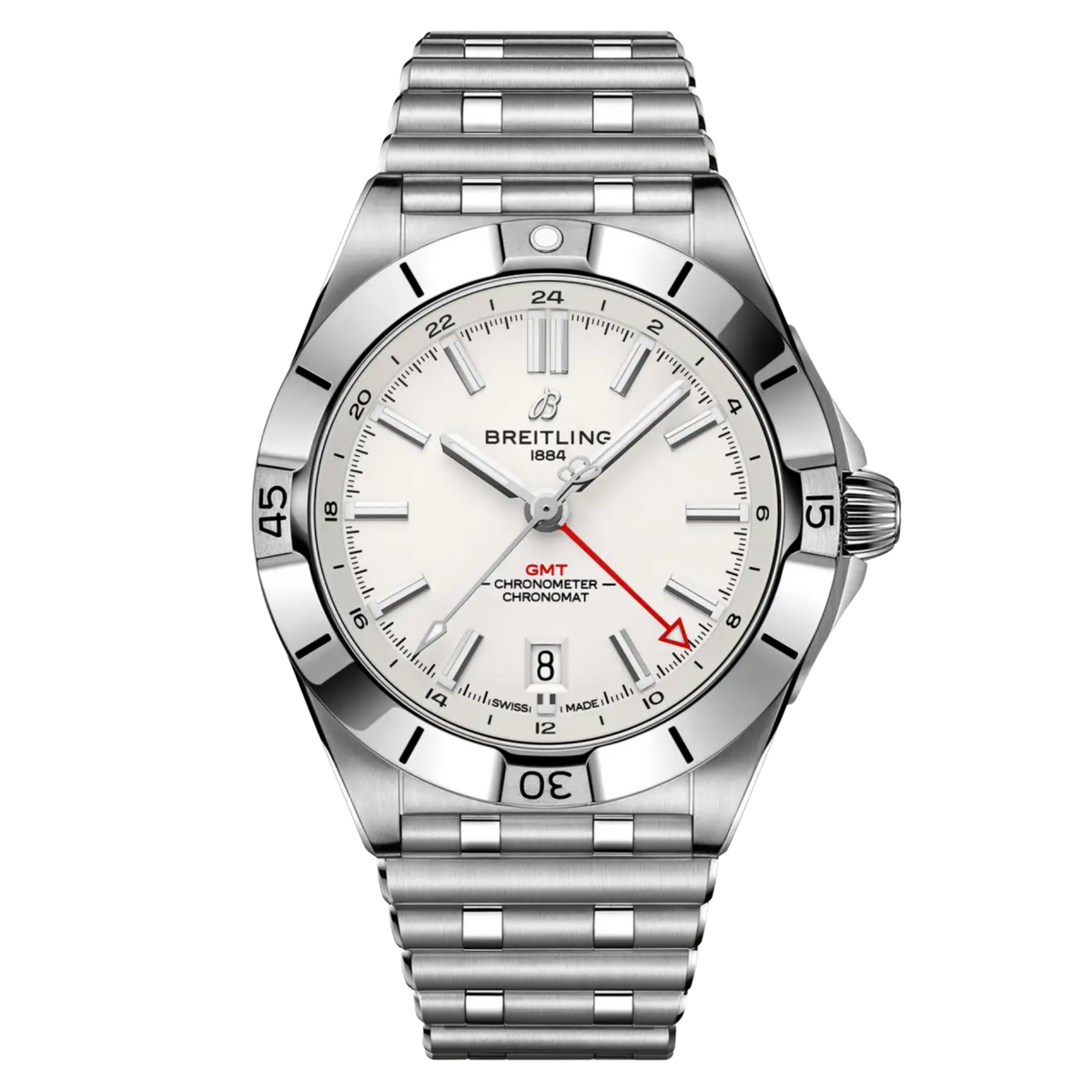 Breitling Chronomat GMT white dial watch stainless steel bracelet red GMT hand

