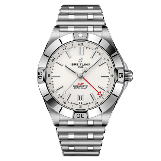 Breitling Chronomat GMT white dial watch stainless steel bracelet red GMT hand
