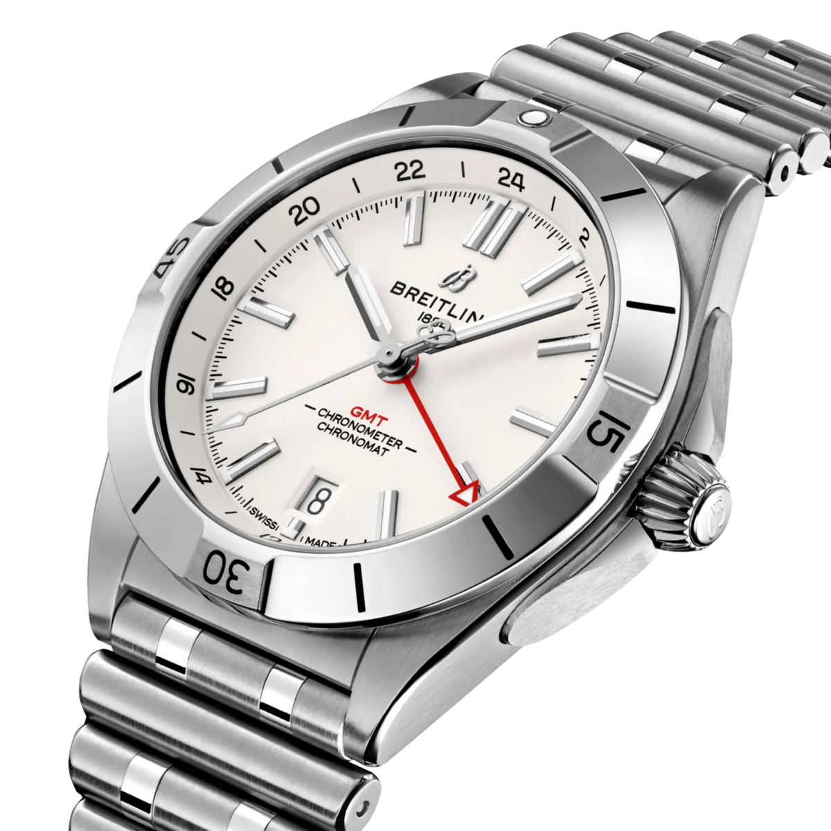 Breitling Chronomat GMT white dial watch stainless steel bracelet red GMT hand
