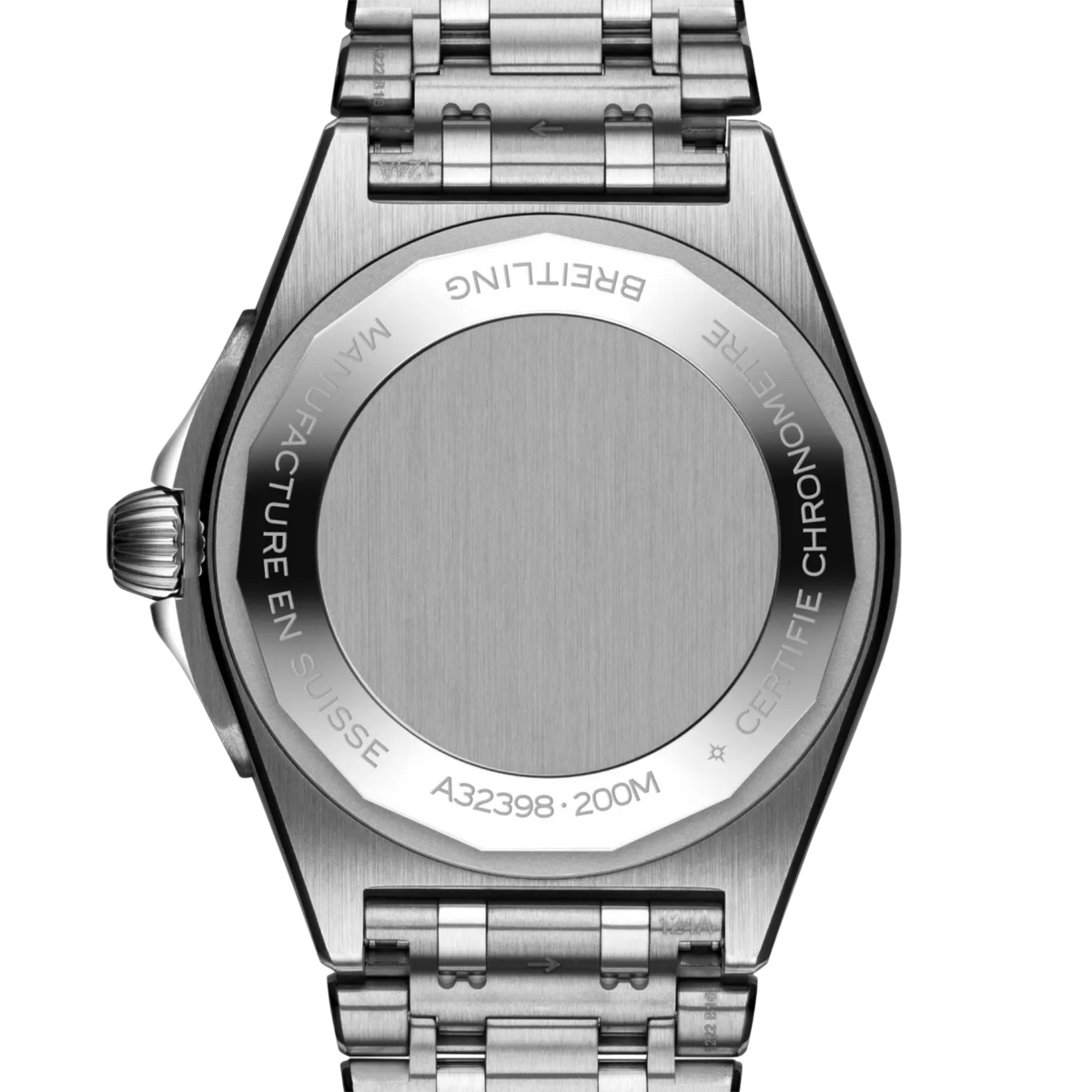 case back of Breitling Chronomat GMT showing engraved stainless steel back and model detailing
