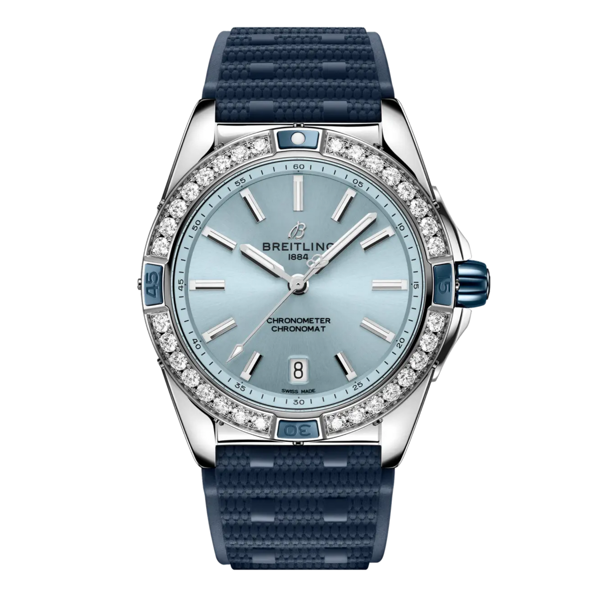 Breitling Chronomat Automatic light blue dial watch diamond bezel blue rubber strap