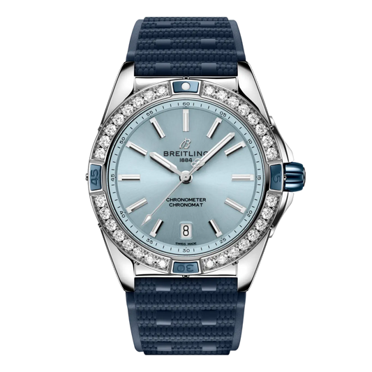 Breitling Chronomat Automatic light blue dial watch diamond bezel blue rubber strap
