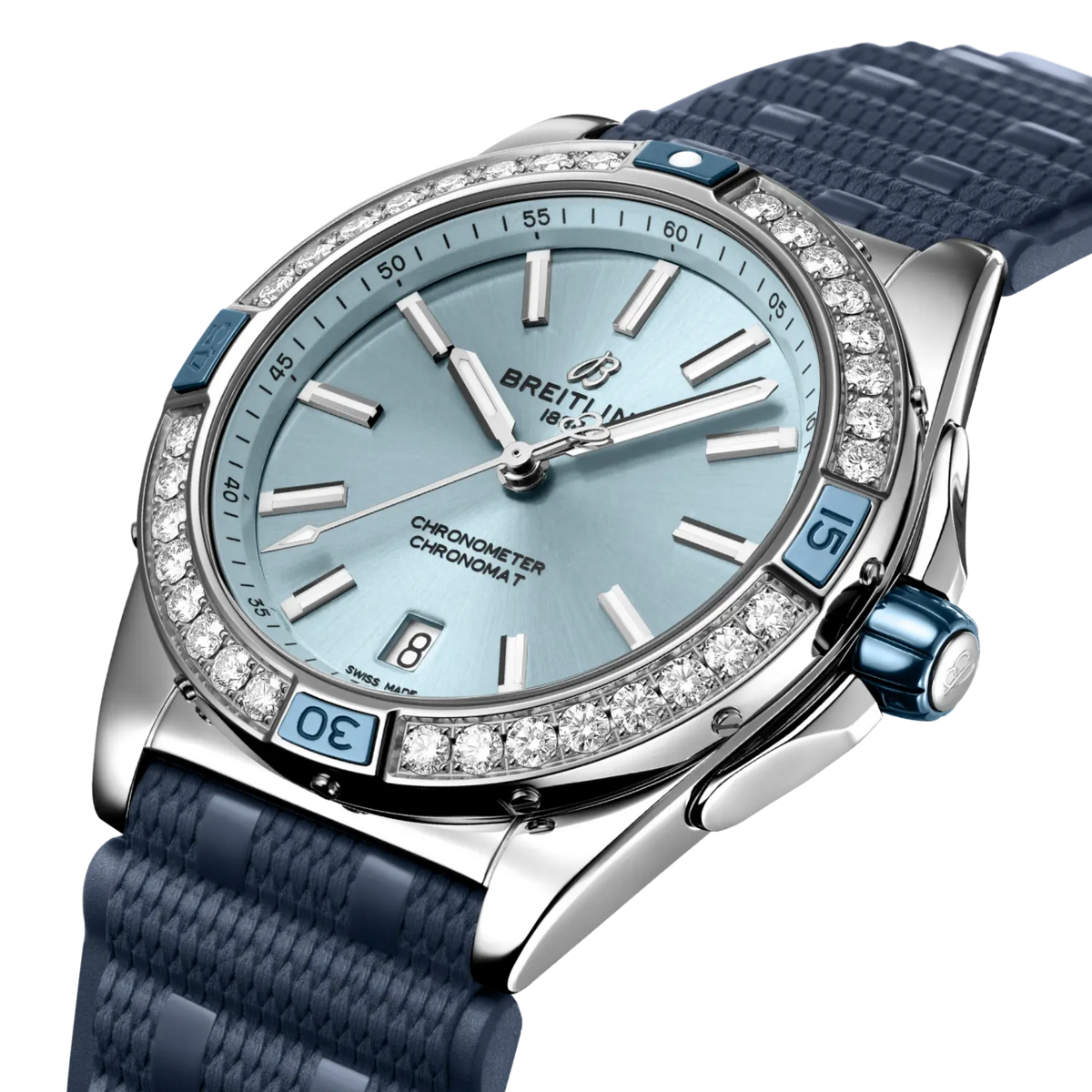side view of Breitling Chronomat Automatic showing polished steel case crown and diamond set bezel