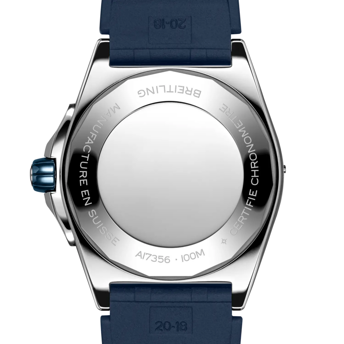 case back of Breitling Chronomat Automatic showing engraved stainless steel back and model detailing