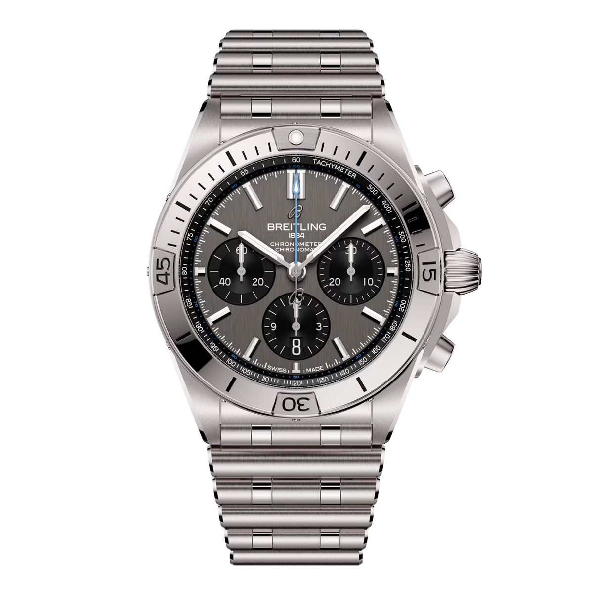 Front View of Breitling Chronomat B01 Chronograph 42mm Watch with Grey Dial
