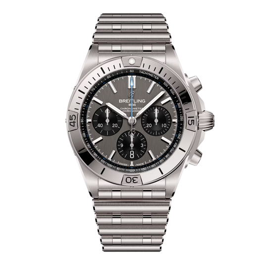 Front View of Breitling Chronomat B01 Chronograph 42mm Watch with Grey Dial