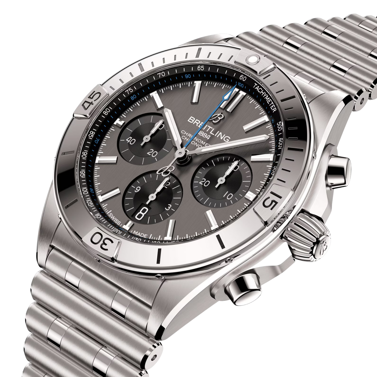 angled view of Breitling Chronomat B01 Chronograph 42mm Watch with Grey Dial