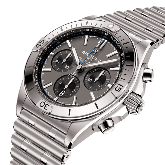 angled view of Breitling Chronomat B01 Chronograph 42mm Watch with Grey Dial