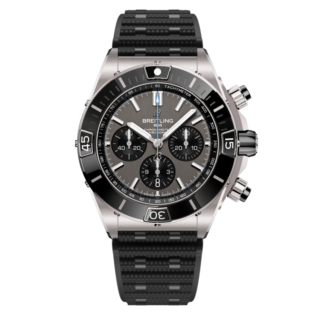 Breitling Chronomat chronograph grey dial watch black rubber strap black bezel tachymeter scale