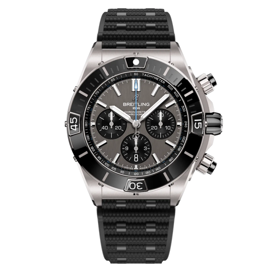 Breitling Chronomat chronograph grey dial watch black rubber strap black bezel tachymeter scale