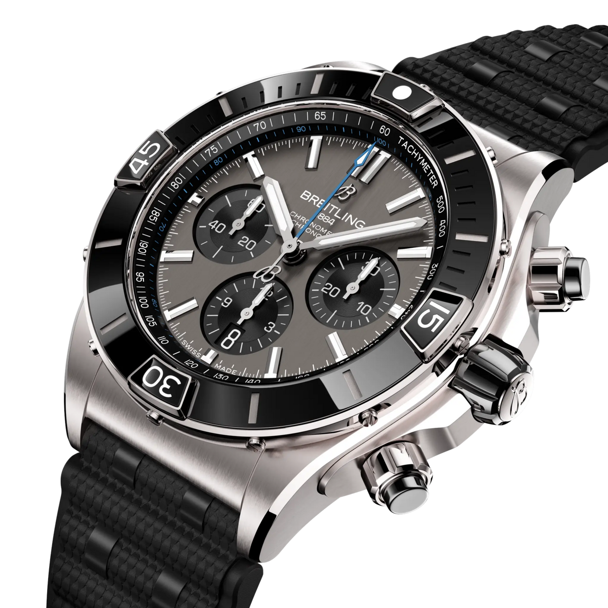 side view of Breitling Chronomat chronograph showing steel case pushers crown and black ceramic bezel