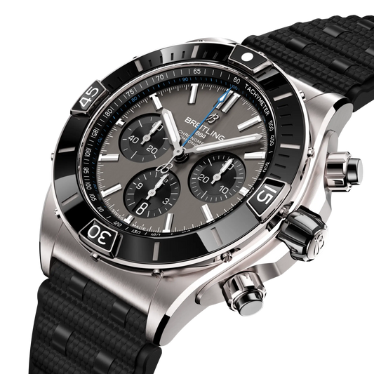side view of Breitling Chronomat chronograph showing steel case pushers crown and black ceramic bezel