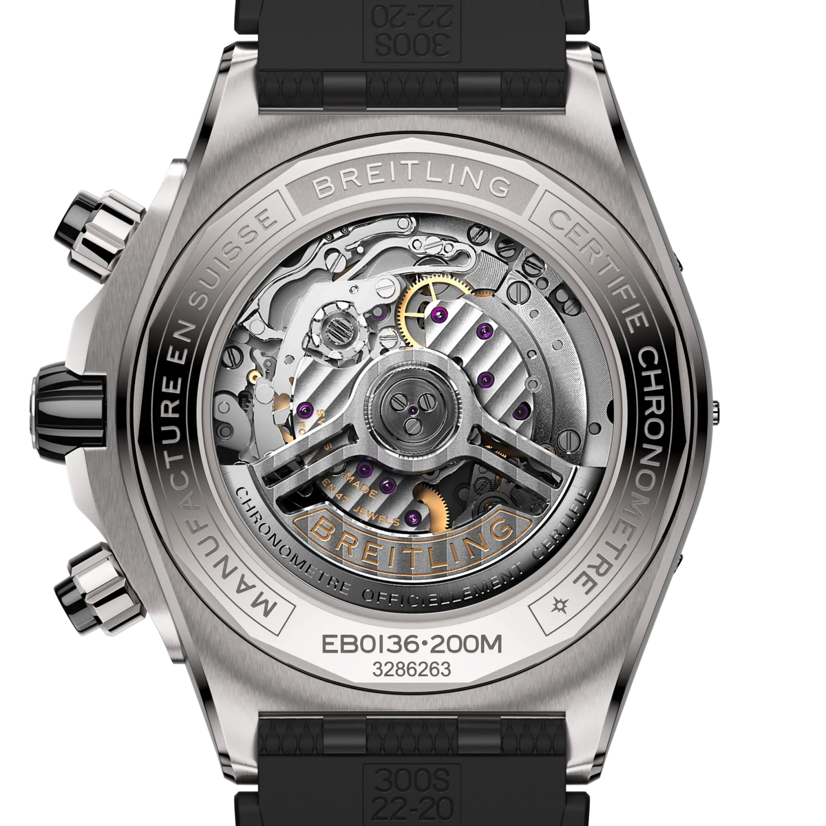 case back of Breitling Chronomat chronograph showing engraved stainless steel back and model detailing