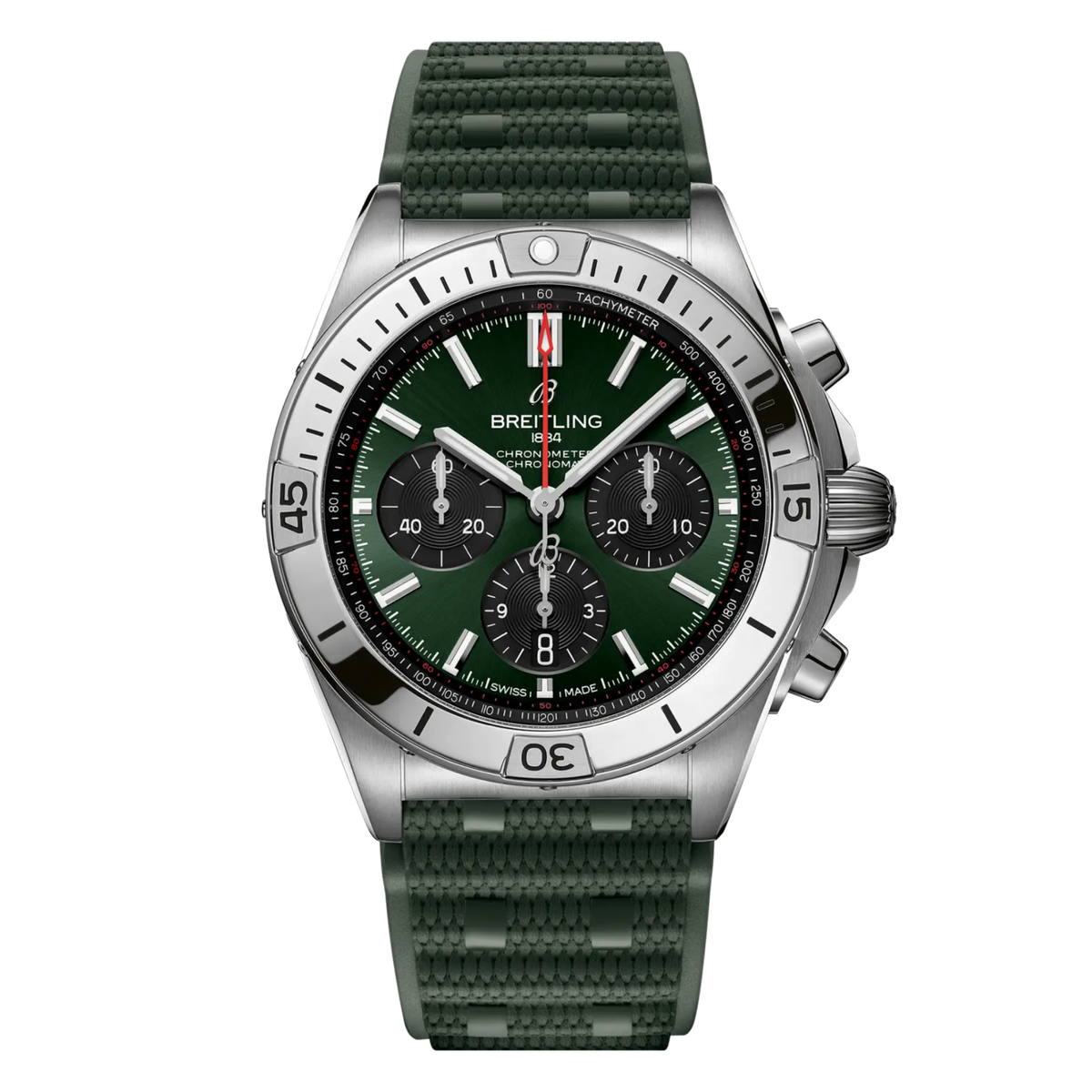 Breitling Chronomat chronograph green dial watch green rubber strap stainless steel bezel