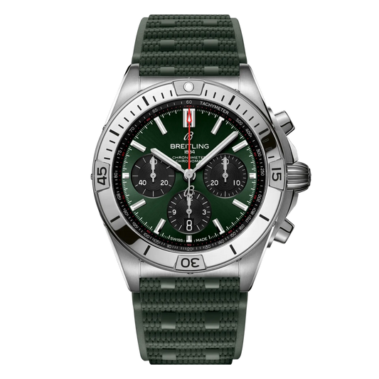 Breitling Chronomat chronograph green dial watch green rubber strap stainless steel bezel