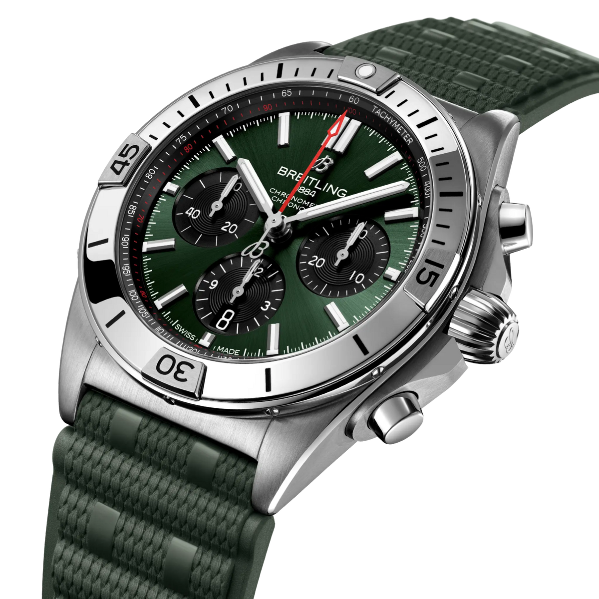 side view of Breitling Chronomat chronograph showing steel case pushers crown and tachymeter bezel