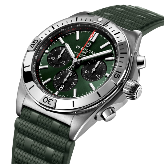 side view of Breitling Chronomat chronograph showing steel case pushers crown and tachymeter bezel