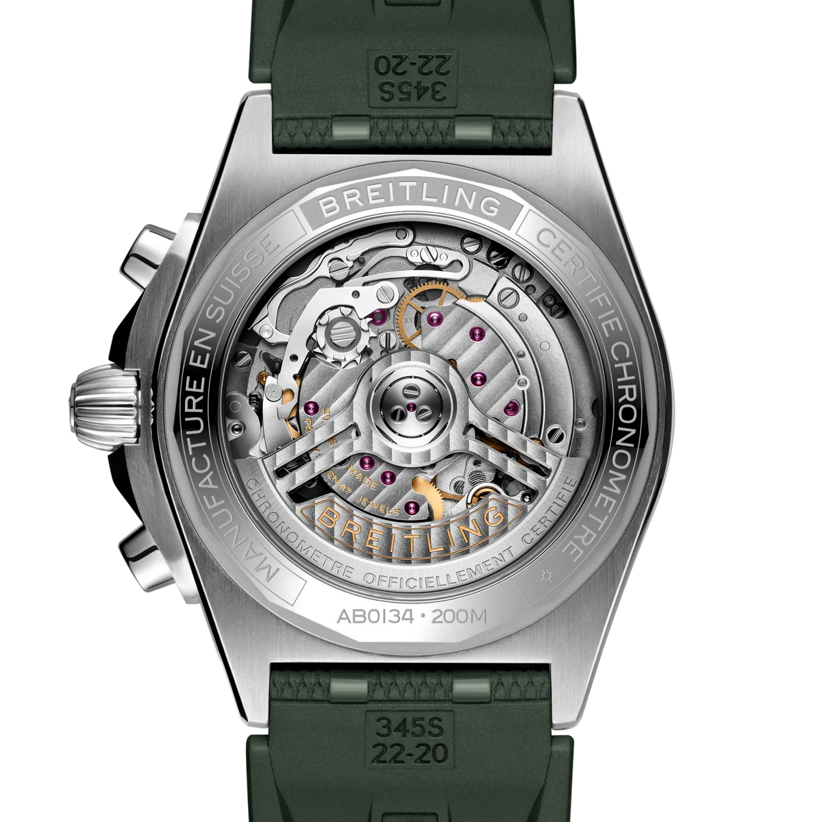 case back of Breitling Chronomat chronograph showing engraved stainless steel back and model detailing