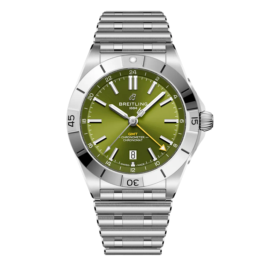 Breitling Chronomat GMT green dial watch stainless steel bracelet yellow GMT hand