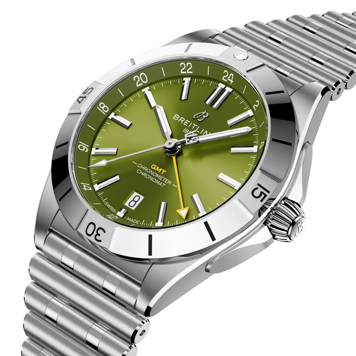 side view of Breitling Chronomat GMT showing steel case crown and polished bezel detail