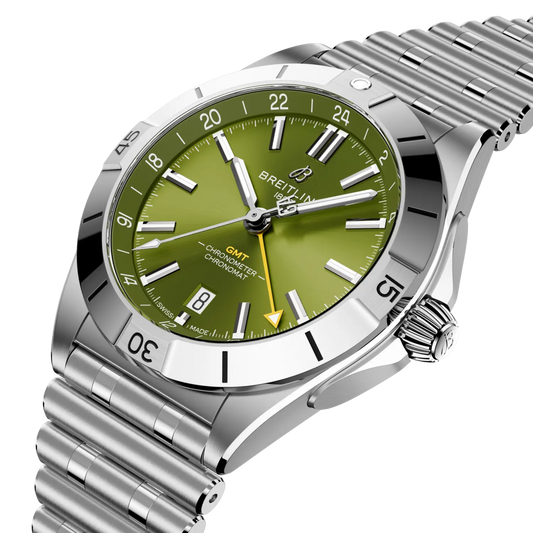 side view of Breitling Chronomat GMT showing steel case crown and polished bezel detail