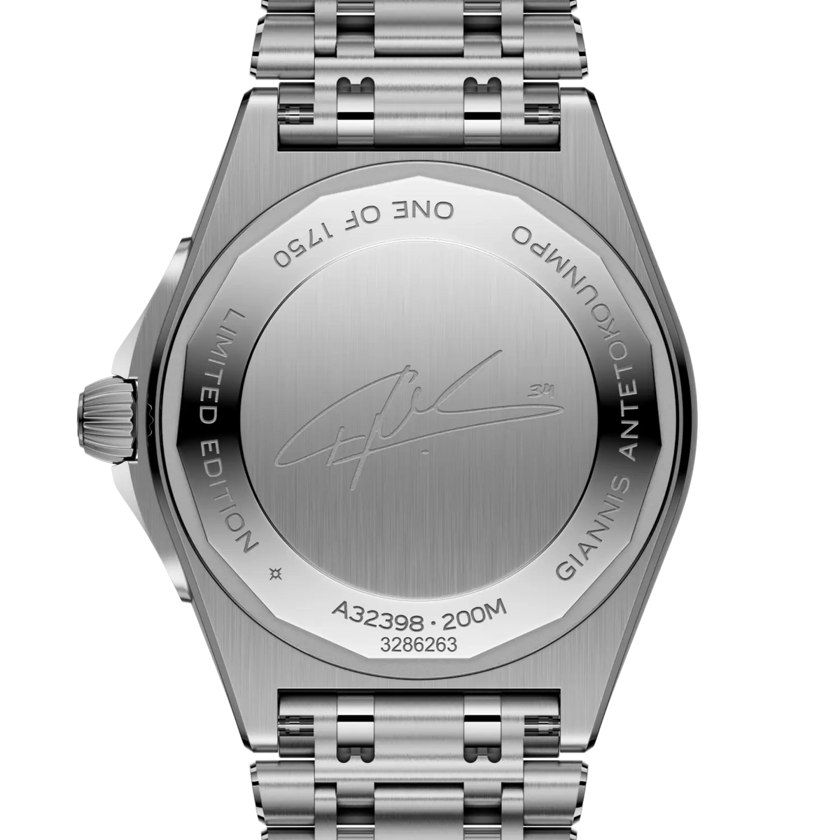case back of Breitling Chronomat GMT showing engraved stainless steel back and model detailing