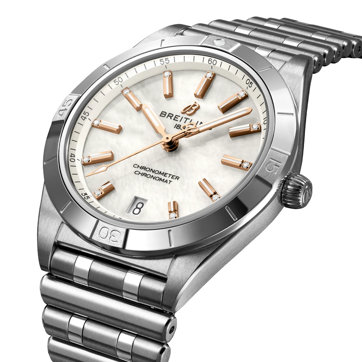side view of Breitling Chronomat Automatic showing steel case crown and polished bezel detail