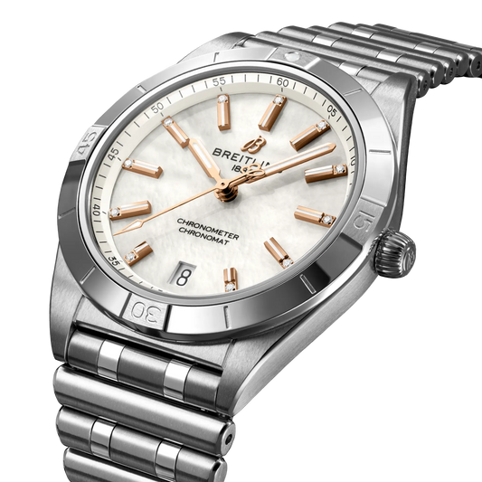 side view of Breitling Chronomat Automatic showing steel case crown and polished bezel detail