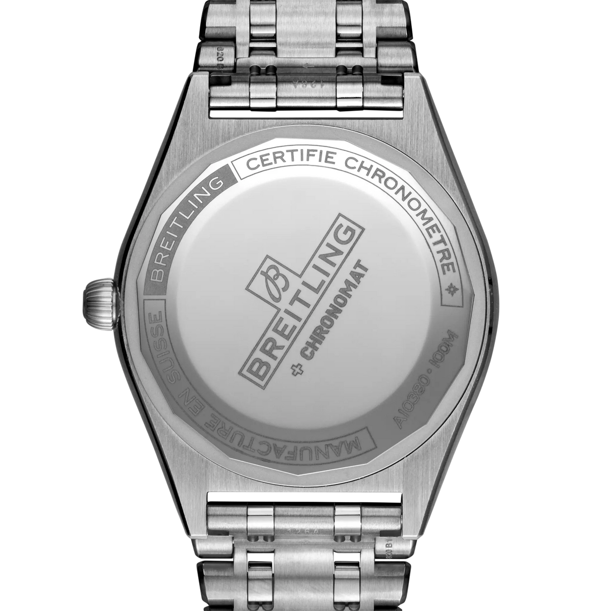 case back of Breitling Chronomat Automatic showing engraved stainless steel back and model detailing