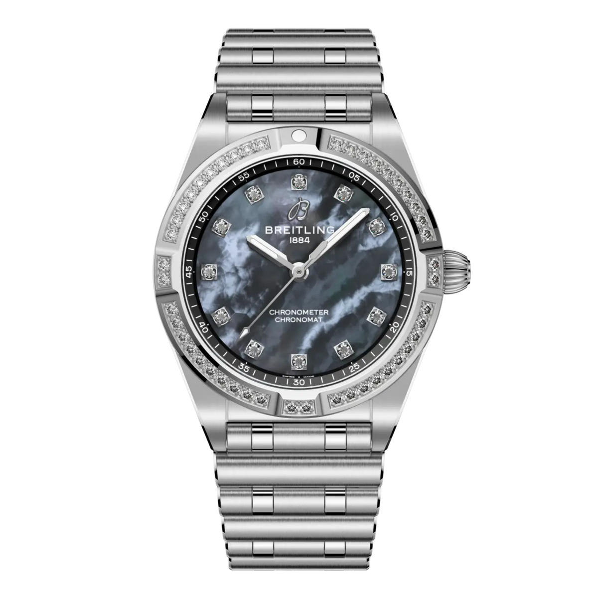 Breitling Chronomat Automatic black mother of pearl dial watch diamond bezel stainless steel bracelet