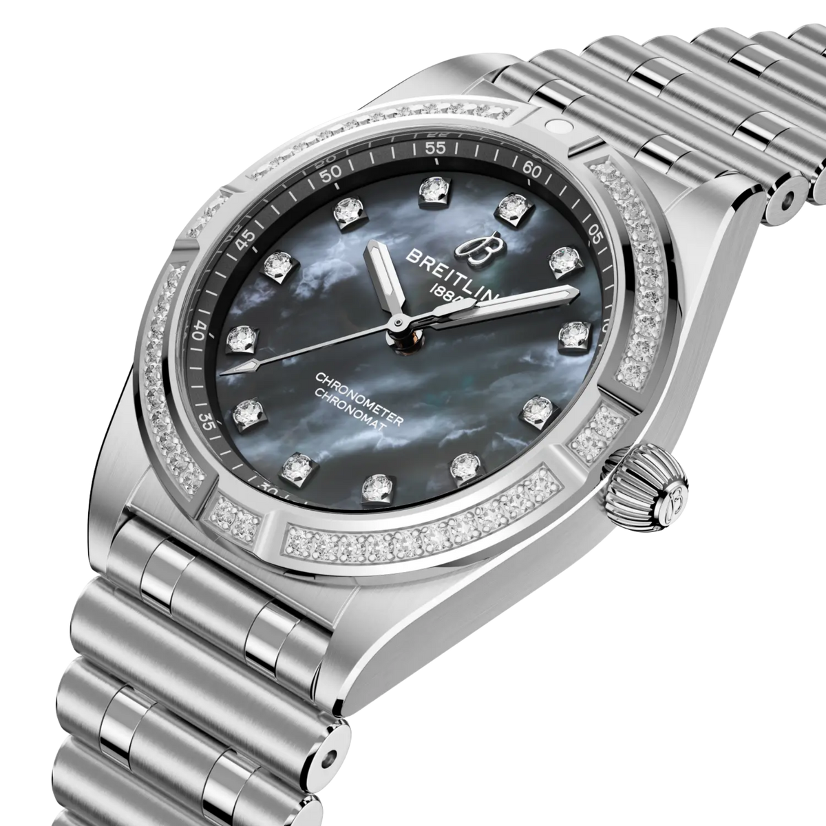 side view of Breitling Chronomat Automatic showing steel case crown and diamond set bezel detail