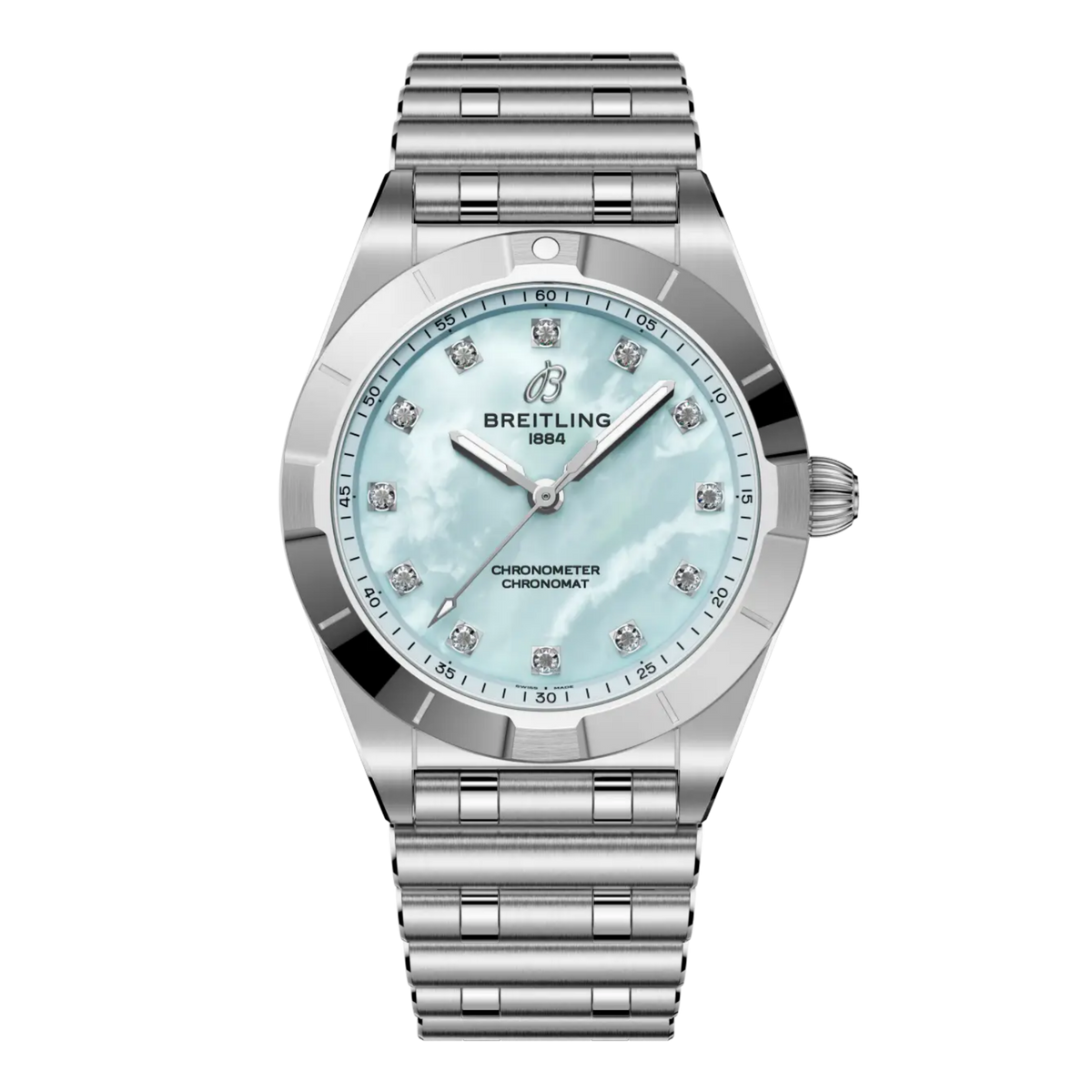 Breitling Chronomat Automatic light blue mother of pearl dial watch stainless steel bracelet diamond hour markers