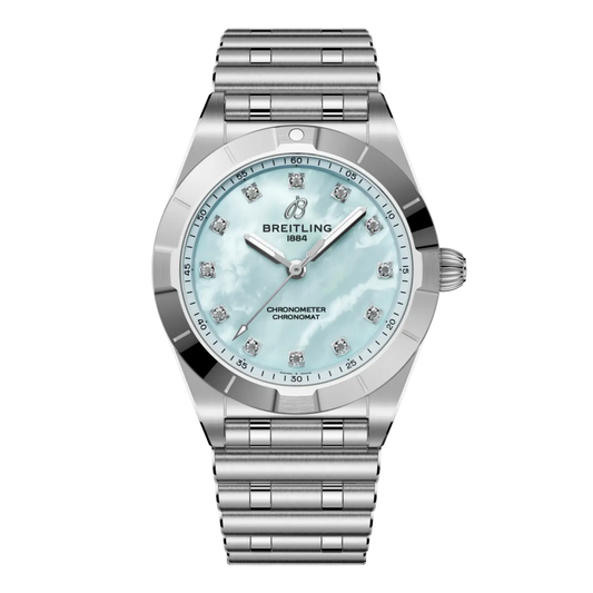 Breitling Chronomat Automatic light blue mother of pearl dial watch stainless steel bracelet diamond hour markers