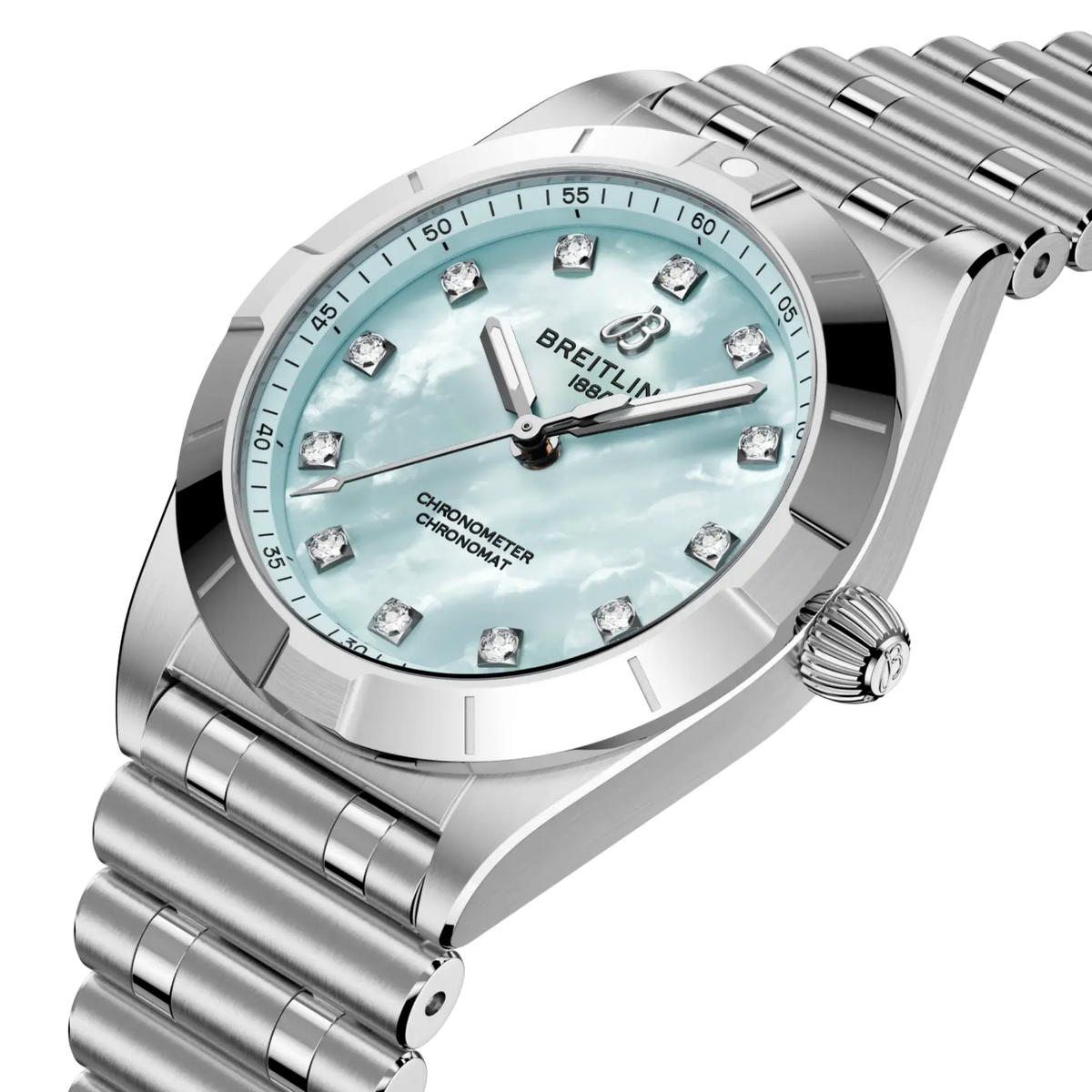 side view of Breitling Chronomat Automatic showing steel case crown and polished bezel detail
