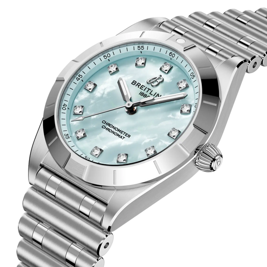 side view of Breitling Chronomat Automatic showing steel case crown and polished bezel detail