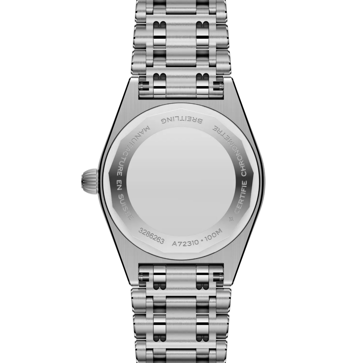 case back of Breitling Chronomat Automatic showing engraved stainless steel back and model detailing