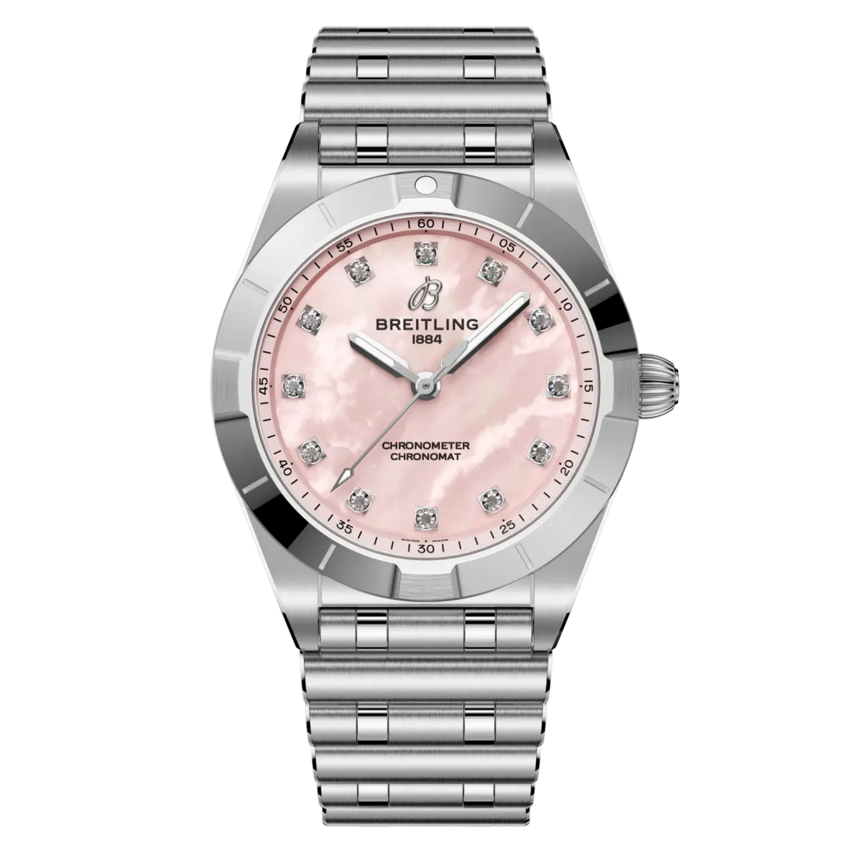 Breitling Chronomat Automatic pink mother of pearl dial watch stainless steel bracelet diamond hour markers