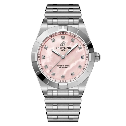 Breitling Chronomat Automatic pink mother of pearl dial watch stainless steel bracelet diamond hour markers