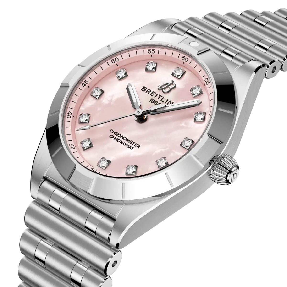 side view of Breitling Chronomat Automatic showing steel case crown and polished bezel detail