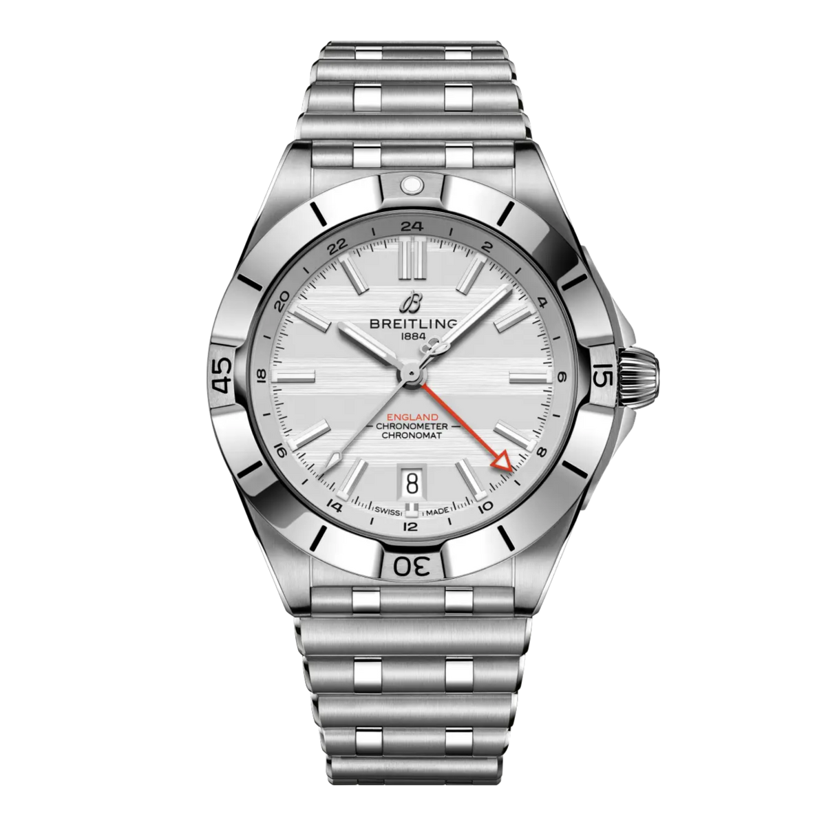 Breitling Chronomat GMT white dial stainless steel bracelet watch with red GMT hand and brushed steel bezel