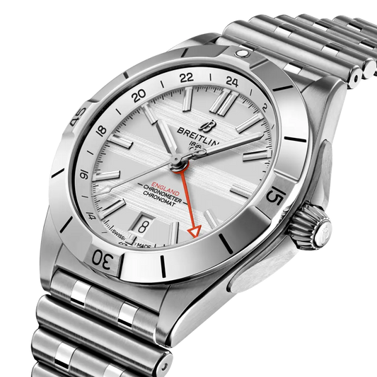 Stainless steel Breitling watch with silver dial and red second hand