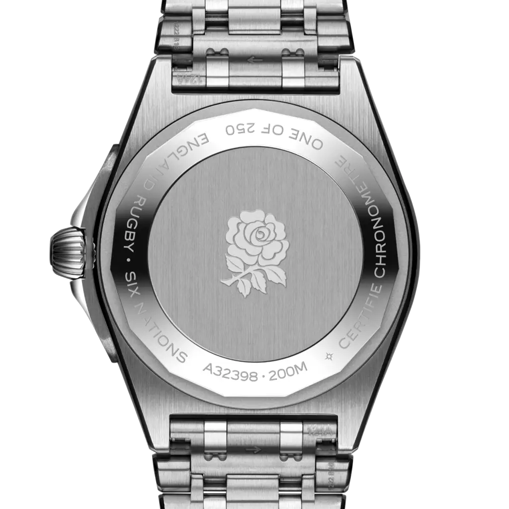 Stainless steel watch back with engraved rose, 'Six Nations Rugby' and 'Certifie Chronometre' text
